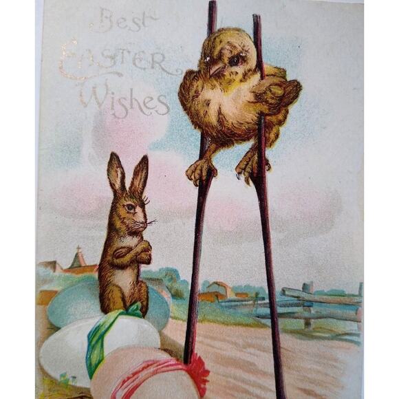 Postcard Other - Easter Postcard Fantasy Baby Chick On Stilts Upset Rabbit Eggs 1907 Undivided 48